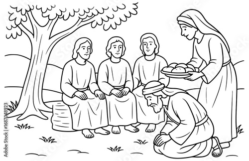 Abraham greets angels under a tree in biblical scene for religious study materials