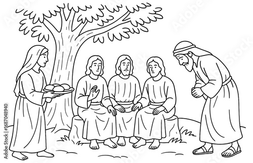 Biblical scene of abraham welcoming angels under tree for religious design and education