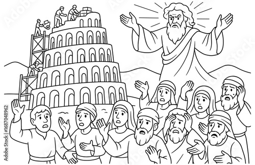 Biblical scene of the tower of babel with divine figure and workers in black and white line art design