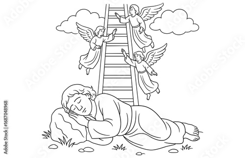 Jacob's dream with ladder and angels - biblical scene for coloring and education