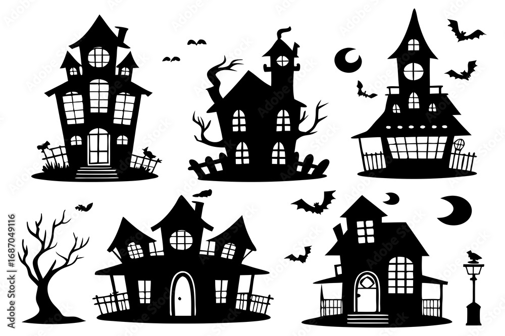custom made wallpaper toronto digitalHaunted House Silhouettes | Halloween Clipart Set with Bats, Pumpkins & Spooky Tree