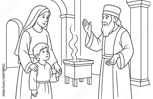 Biblical scene of hannah dedicating samuel in historic temple setting