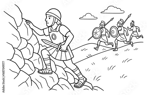 Historical victory scene with ancient warriors climbing hills