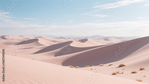 Photorealistic desert dunes with smooth curves, soft pastel pink and light gray-blue tones, subtle sky gradients and gentle lighting