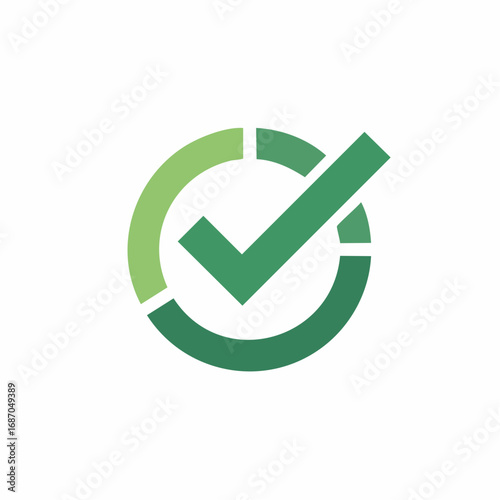 Green check mark icon in a segmented circle for approval and completion vector symbol