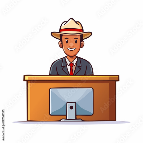 Man in a suit and fedora hat standing behind a reception desk with a computer