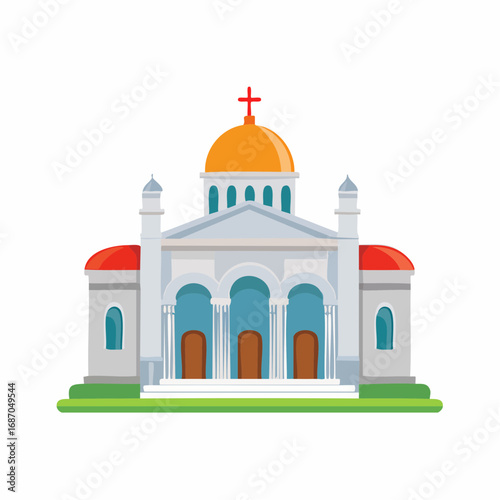 Church Vector Graphic with Dome and Cross Symbol Icon, Religious Building