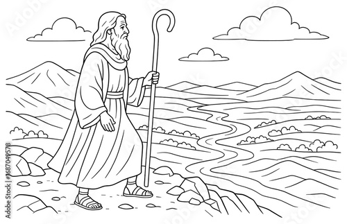 Moses on mount nebo contemplating the promised land - biblical theme for educational and religious use
