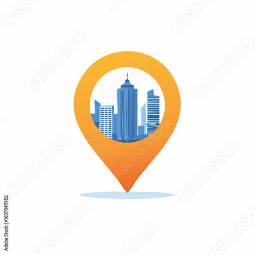 Orange map pin with blue city skyline vector icon for urban location navigation