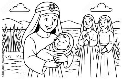 Pharaoh's daughter adopts moses by the river for religious education and coloring activities