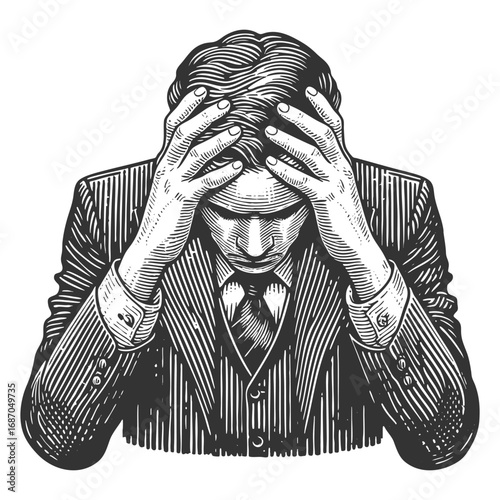 businessman in a suit holding his head in frustration, symbolizing stress and pressure sketch engraving generative ai fictional character vector illustration. Scratch board. Black and white image.