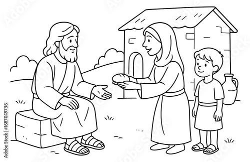 Biblical scene of elijah receiving bread from widow and child for religious education or storytelling