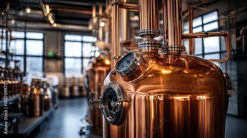 Detailed shot of shiny copper distilling equipment, creating a captivating industrial scene