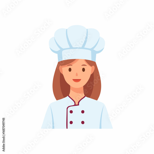 Smiling female chef wearing a traditional toque blanche in a flat vector illustration.