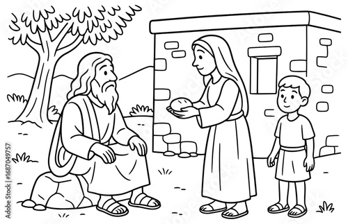 Biblical scene of elijah and the widow with child offering bread for educational purposes