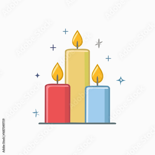 Three lit candles in red yellow and blue with sparkling stars