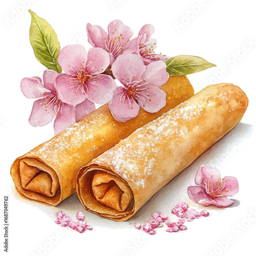 watercolor of Spring Rolls, vector, isolated on a white background.