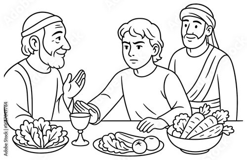 Daniel rejects wine: biblical scene with healthy food choices for educational use