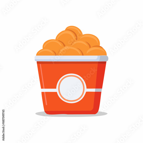 Bucket filled with orange chicken nuggets on a white background