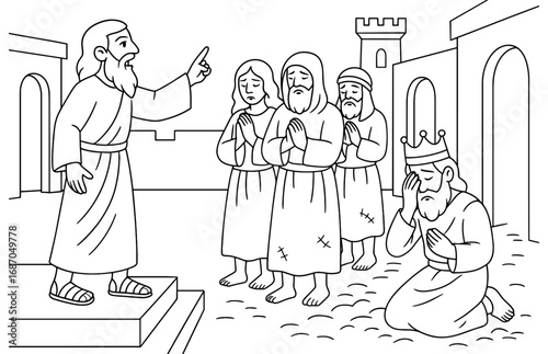 Biblical scene of jonah preaching repentance with people and king listening