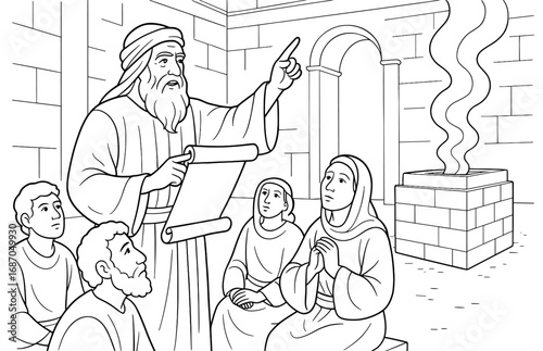 Malachi prophecy scene with ancient scroll and devoted audience in historical setting