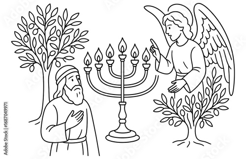 Zechariah's vision depicting angel and menorah with trees for religious study or art