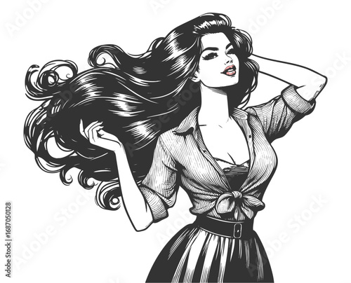 glamorous woman with long, flowing hair, wearing a tied blouse and skirt with a belt sketch engraving generative ai fictional character vector illustration. Scratch board imitation. Black and white.