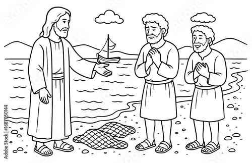 Peter's redemption by the lake: religious scene for inspirational card design