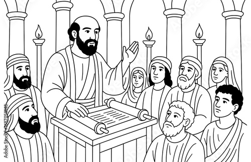Biblical scene of paul preaching to a group in an ancient setting