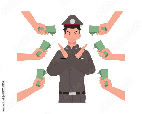An honest police officer refuses to take a bribe from multiple hands. Anti-corruption and stop bribery concept vector illustration
