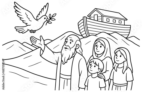 Noah's dove release scene: symbol of hope and peace for religious education and children's activities