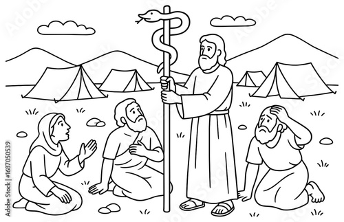 Biblical scene of moses and the bronze serpent in the desert for spiritual education and study