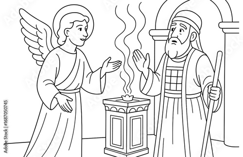 Biblical scene depicting gabriel visiting zechariah in temple setting for educational design