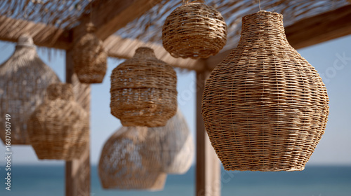 Wicker lamps of various shapes hanging.