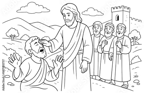 Jesus healing the blind man scene in biblical landscape for religious education