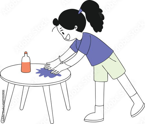 Child cleaning spilled paint from table vector illustration