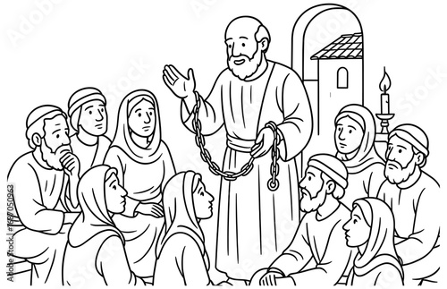 Apostle sharing wisdom and encouragement with followers in ancient setting