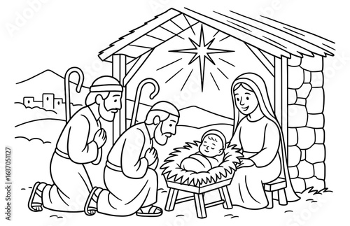 Shepherds adoring infant in manger nativity scene for christmas celebration cards