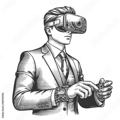 businessman in a suit using a virtual reality headset and advanced wrist devices, blending vintage art with modern technology sketch engraving generative ai vector illustration. Black and white image.