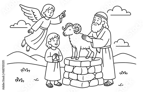 Abraham and angel with ram offering scene for religious education and print use