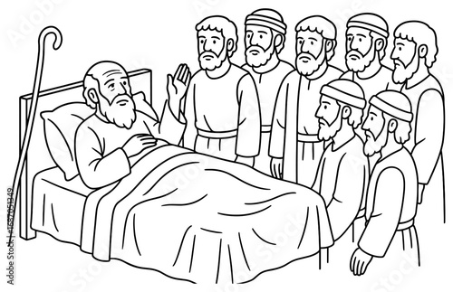 Jacob's blessing of family on bedside in biblical scene for religious education