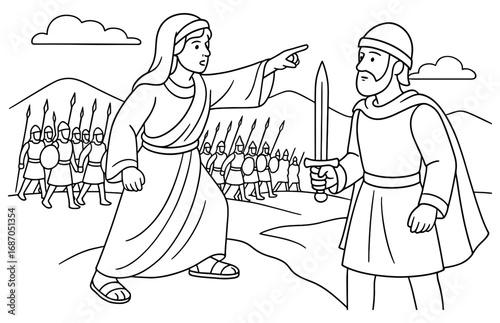 Deborah guiding barak in biblical battle scene for educational use