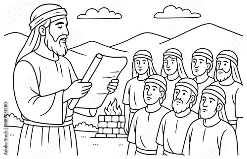 Biblical scene of joshua's covenant renewal with people outdoors