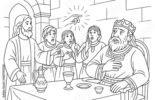 Biblical scene of daniel interpreting mysterious handwriting for king belshazzar
