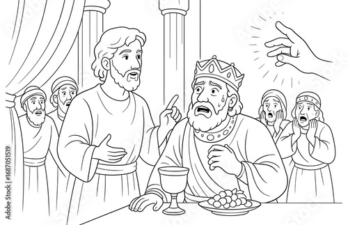 Mysterious handwriting on the wall scene with a king and advisors for religious artwork