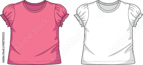 CAD drawing flat vector illustration of girls puff sleeve t-shirt, front view, children’s wear design, fashion garment sketch, editable outline
