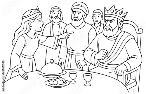 Dramatic scene from esther's revelation during a royal feast