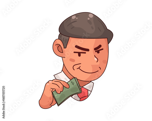 Cartoon illustration of a cunning man with a sly expression holding a stack of money, symbolizing business deals, greed, and financial concepts
