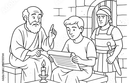 Apostle paul teaching timothy with scroll in prison setting for historical education