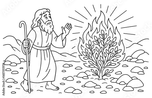 Moses encounter with the burning bush in the desert scene for religious education